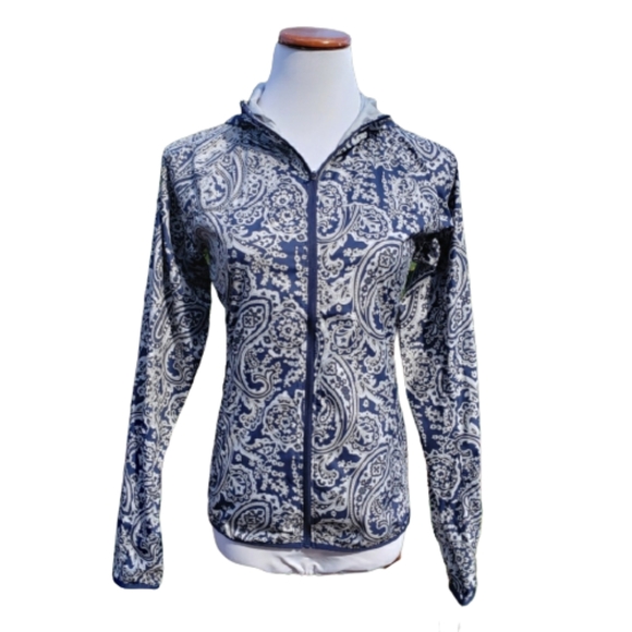 NEW BALANCE Jacket Windbreaker Blue Lightweight Hoodie Paisley XS - Picture 1 of 16